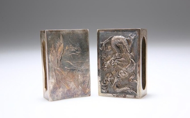 TWO CHINESE SILVER MATCHBOX SLEEVES, the first engraved