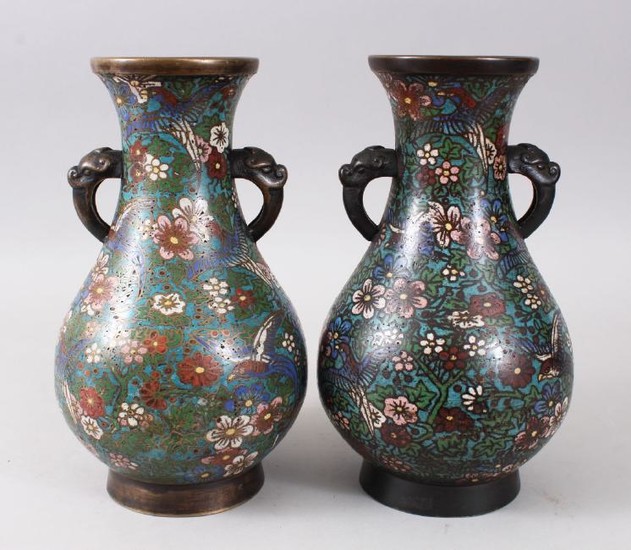 TWO CHINESE TWIN HANDLE CLOISONNE VASES, both decorated