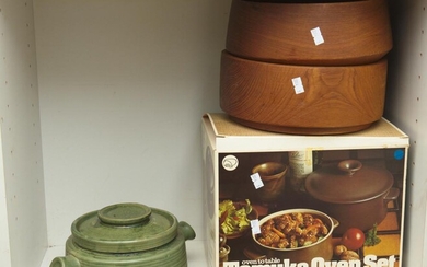 TWO TEAK BOWLS, A BOXED TEMUKA OVEN SET AND A STONEWARE TUREEN
