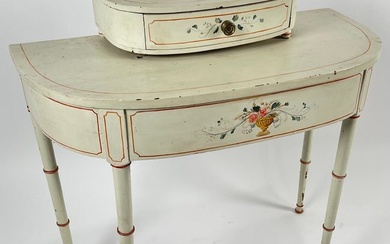 TWO-TIER DEMILUNE TABLE WITH PAINTED DECORATION Late 19th Century Height 35". Width 36". Depth 17".
