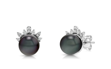 Tahitian Pearl And Diamond Flair Earrings In 14k White Gold 1/6ctw