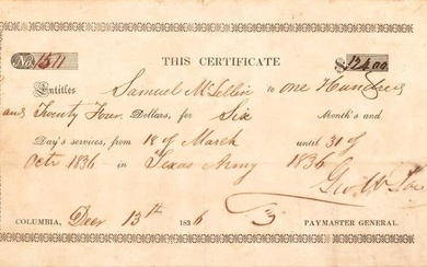 Texas Army Pay Certificate for San Jacinto Veteran