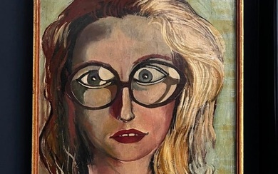 The Girl With The Glasses 1960's Stylised Portrait Signed Oil Painting 1960's