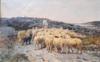 Théodore JOURDAN (1833-1906) " Berger et troupeau " Huile sur toile, signée en bas à...