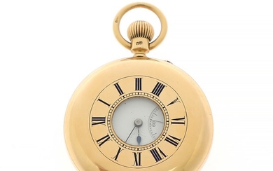 Thomas Blundell & Sons 18k gold half-hunter pin-set pocket watch. Late 19th century. Weight 108 g. Case diam. 47 mm.