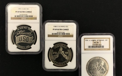 Three (3CT) US Silver Commemorative Dollars NGC PF69/MS69