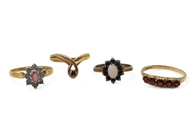 Three 9ct gold rings, ruby and diamond accent M1/2, garnet f...