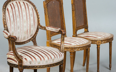 Three Louis XVI style chairs, wood, fabric, 20th century (3).