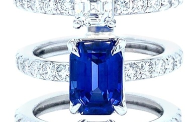 Three Row Diamond and Sapphire 18k Gold Ring