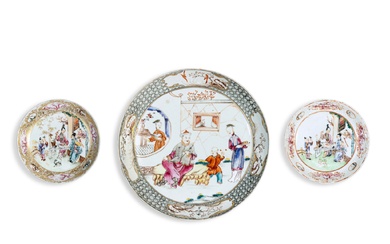 Three famille-rose 'figural' dishes, Qing dynasty, 18th century | 清十八世紀 粉彩人物圖盤一組三件