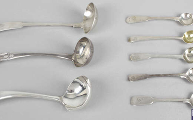 Three silver toddy ladles, together with an assortment of silver mustard and salt spoons.