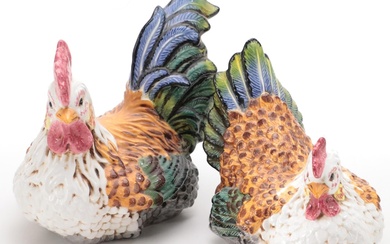 Tic Tic Hand-Painted Ceramic Rooster and Hen Figurine Pair