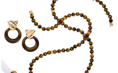Tiger's-Eye Quartz, Gold Jewelry The lot consists of a...