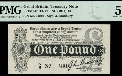 Treasury Series, John Bradbury, first issue £1, ND (7 August 1914), serial number K/5 24010, da...