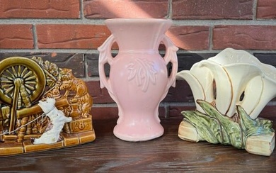 Trio of Vintage McCoy Chalkware Pottery: Scotty Dog and Spinning Wheel, Pink Double Handle Ballet