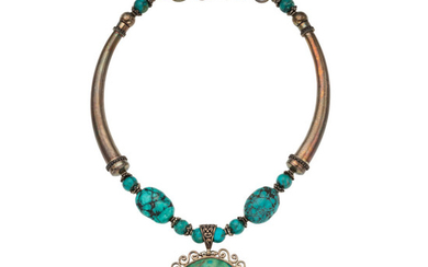 Turquoise, Synthetic Quartz, Sterling Silver Necklace The necklace features...