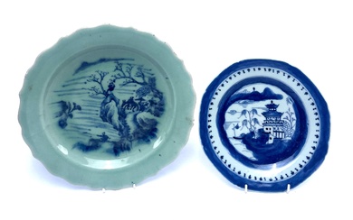 Two Antique Chinse Blue, White & Celadon Plates with Central Landscape & Figural Detail