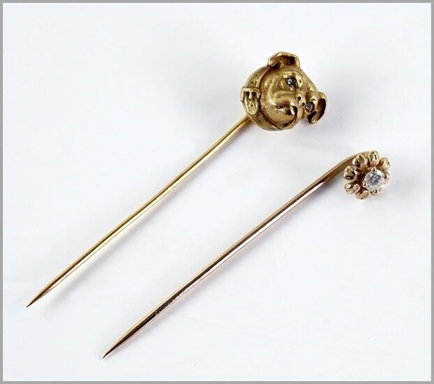 Two Diamond & 14 Karat Yellow Gold Stick Pins.
