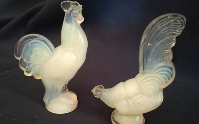 Two Precious figure of rooster and hen - Marius Ernest Sabino - Figurine (2) - Glass