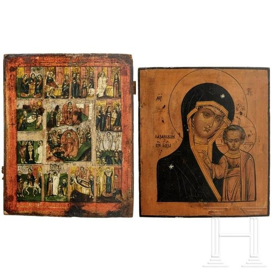 Two Russian icons - the Kazanskaya Mother of God and a feast day icon, 19th century
