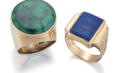 Two gold hardstone signet rings, one with rectangular lapis lazuli plain matrix; the other mounted with a circular malachite panel, ring sizes P1/2 and approximately M respectively, each c.1940 (2)