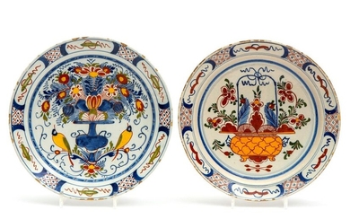 Two larger Delft pottery polychrome wall plates