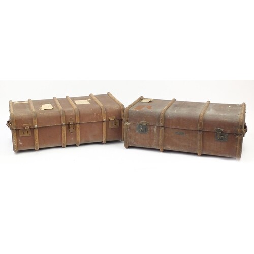 Two vintage wooden bound travelling trunks, 32cm H x 94cm W ...