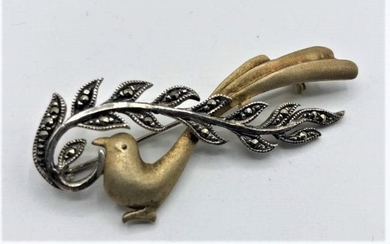 Unique .925 STERLING Marcasites Gold Tone Bird Brooch