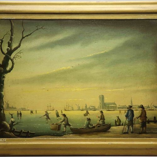 Unsigned Dutch school 'Skaters' naive work oil on canvas marbled...