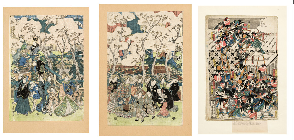 Utagawa Kunisada, 3 estampes format tate-e, Japon, 37x25,5 cm 37x26 cm 37x24 cm (estampes)