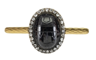 VICTORIAN GOLD, CARVED GARNET AND DIAMOND SCARAB BROOCH