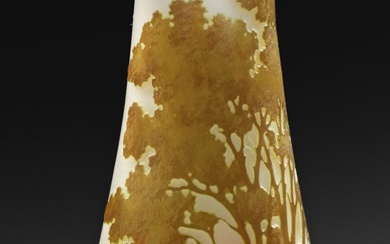 Vase décoratif avec paysage lacustre en forme de balustre. Verre surfondu incolore, abricot, vert clair...