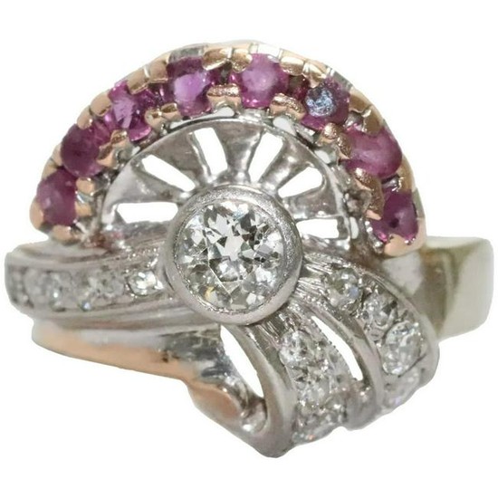 Vintage 14K White and Rose Gold Diamond and Ruby Ring