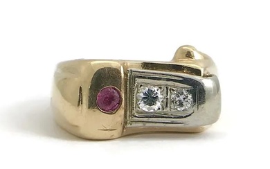 Vintage 1940's Diamond Ruby Two-Tone Buckle Ring 14K Yellow Gold, 11.35 Gr