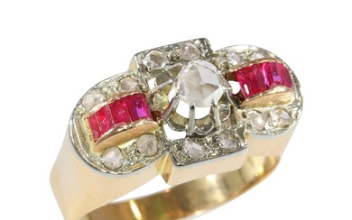 Vintage 1950's Retro Fifties - Ring - 18 kt. Rose gold, White gold Ruby - Diamond