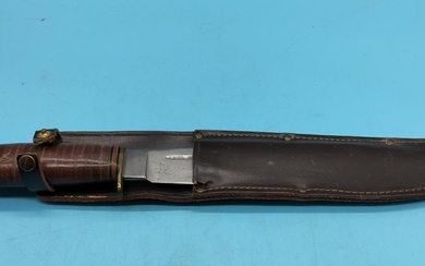 Vintage Bowie Knife in Leather Sheath. 33cm Long.
