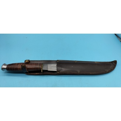 Vintage Bowie Knife in Leather Sheath. 33cm Long.