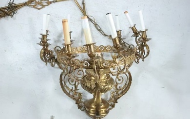 Vintage Quality Cast Brass 9-Light Handing Chandelier with Center Glass Shade 26.5 diameter