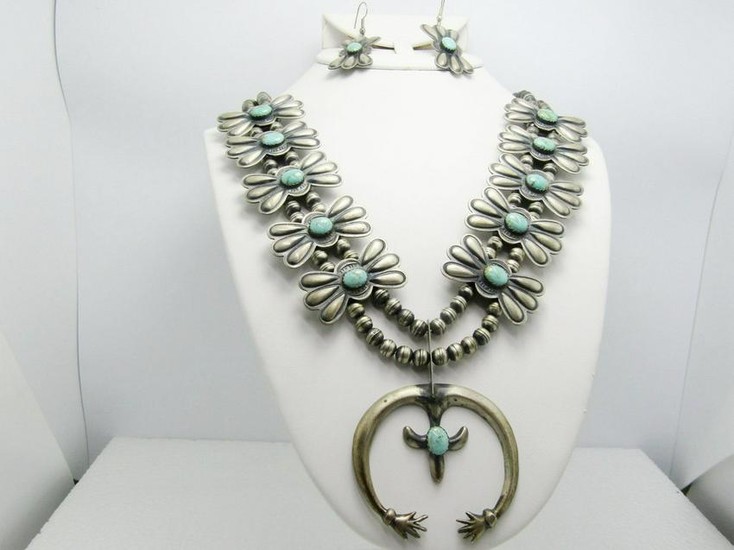 Vintage Sterling Turquoise Squash Blossom Necklace &