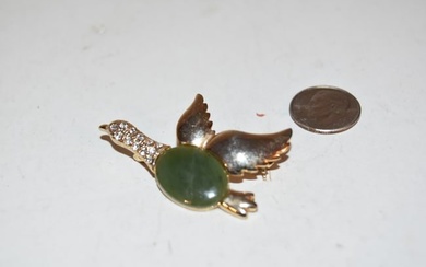Vintage gold tone green gem stone rhinestone duck pin Brooch