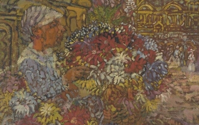 William D. Clyne, Scottish 1922–1981- Flower Seller; oil on canvas, 64 x 76 cm Provenance: the Estate of the Artist