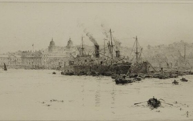 William Lionel Wyllie, British 1851-1931- Sugarboats off Greenwich; etching, signed in pencil, bears old inscribed label for 'Robert Dunthorne & Son, Ltd., The Rembrandt Gallery, London' on the reverse, 12.5 x 32.8 cm.: together with another...