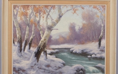 Winter woodland scene, mid-20th century oil on canvas, indis...