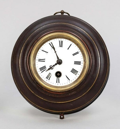 Wooden wall clock in tin case