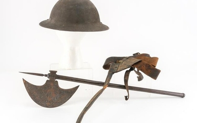 World War I helmet, Civil War Belt, and axe