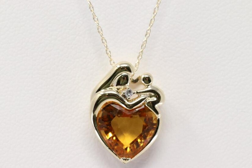 Yellow Gold Heart Citrine Diamond Pendant.