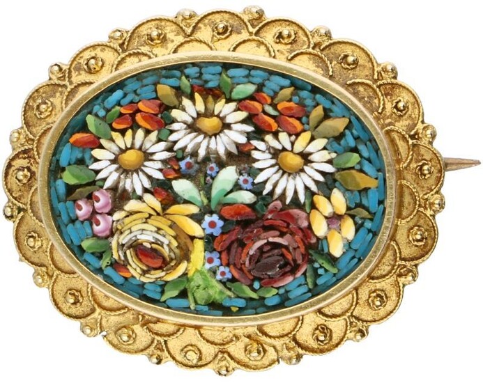 Yellow gold brooch with filigree, with flower-shaped micro mosaic - 14 ct.
