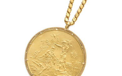 a russian baptismal medallion on a long gold chain