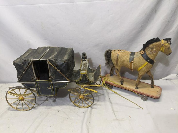 c1900 French Metal & Leather Horse Drawn Carriage w/
