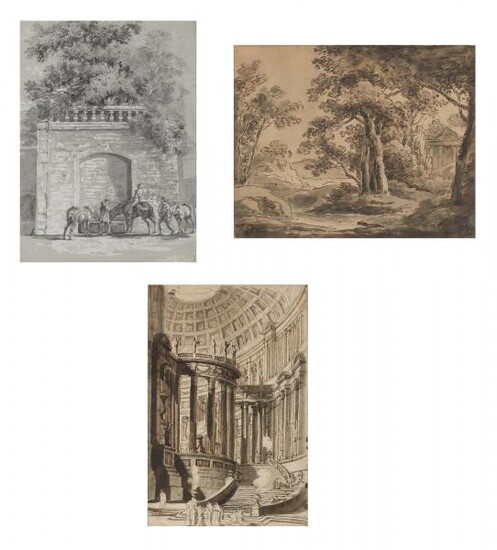 (i) Italian School, Architectural Study, (ii) Manner of Claude Lorrain, Landscape with Temple, (iii) European School, A Halt for